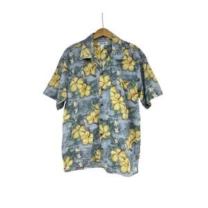 Vintage 90s Cherokee Hawaiian Shirt Mens L Light Blue Floral Hibiscus Cotton